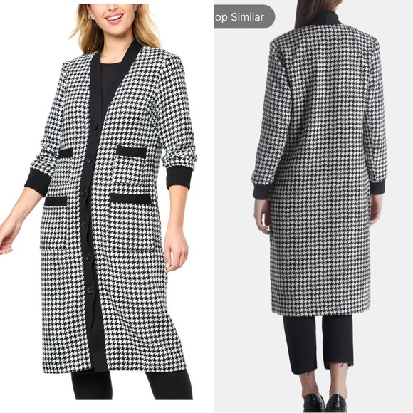 BNWT Kathy Ireland® Long Black & White Houndstooth Tweed Cardigan Jacket size L - Picture 4 of 12